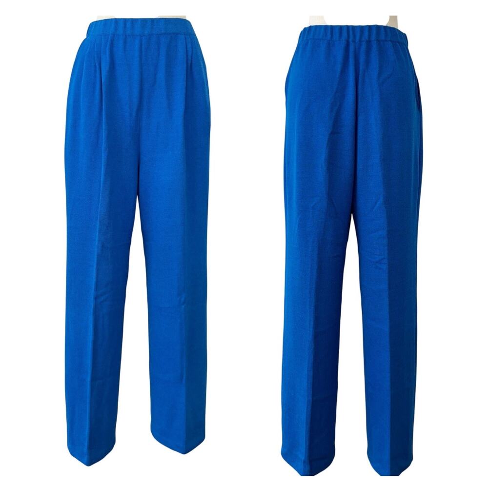 St. John Collection Santana Knit Wide Leg Pants Blue Pull-On Pleated Front Sz 12
